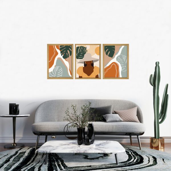 Boho Art Set of 3- Handcrafted Paintings with Light Colors, Lady with Hat - Image 3