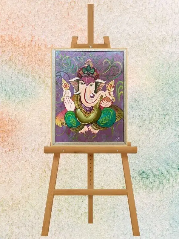 Original Ganesha Painting Indian Wall Art Green Art