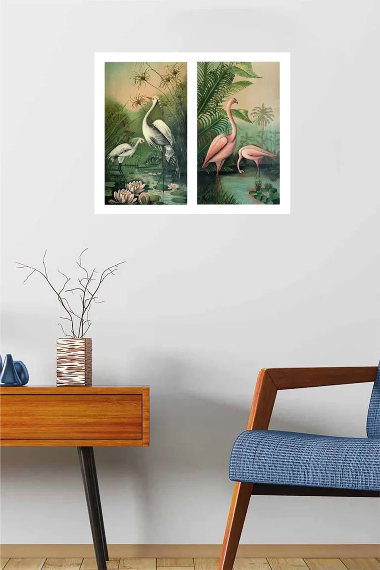 Exquisite Pair of Tropical Bird Paintings : Flamingos and Egrets