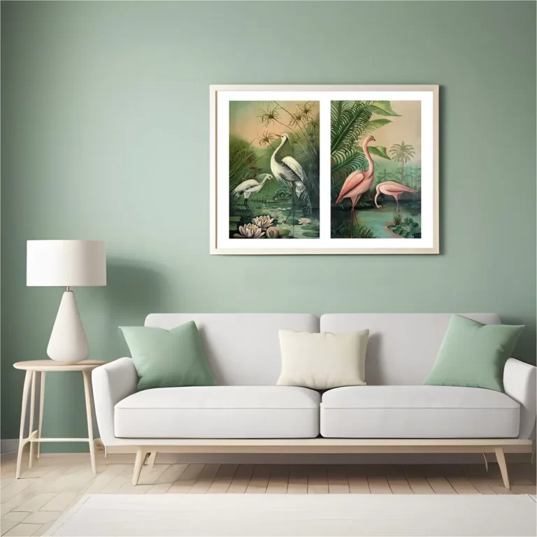 Exquisite Pair of Tropical Bird Paintings : Flamingos and Egrets