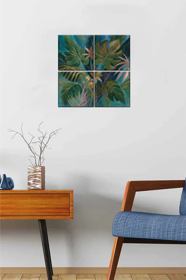 Vibrant Tropical Quartet: Set of 4 Jungle Leaf Paintings