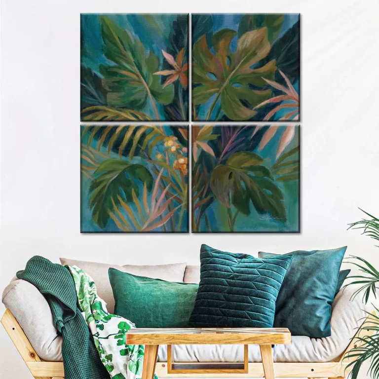 Vibrant Tropical Quartet: Set of 4 Jungle Leaf Paintings