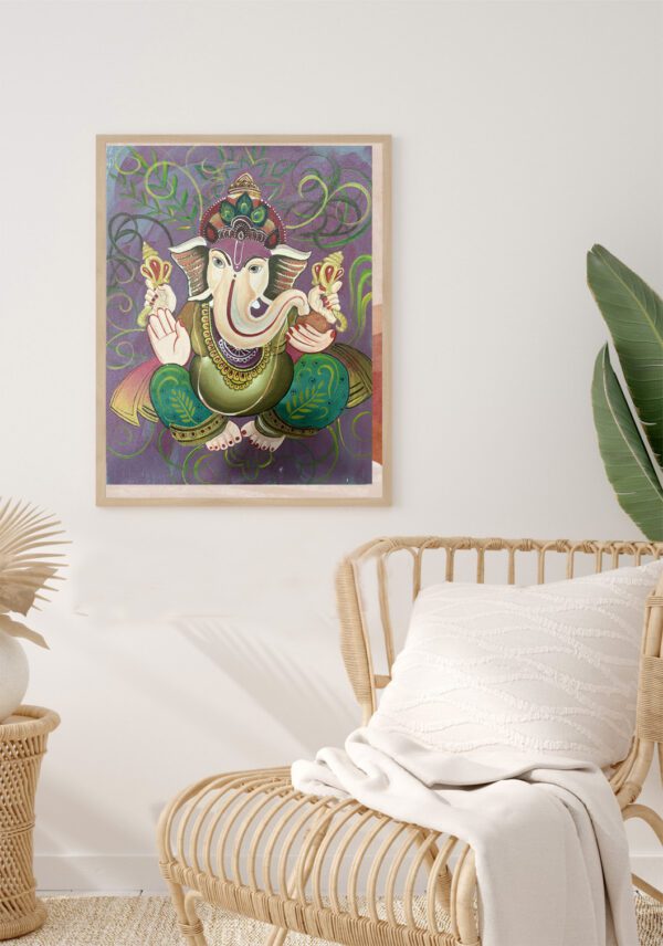 Original Ganesha Painting Indian Wall Art Green Art - Image 3