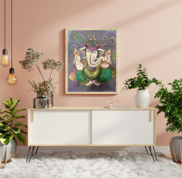 Original Ganesha Painting Indian Wall Art Green Art - Image 4