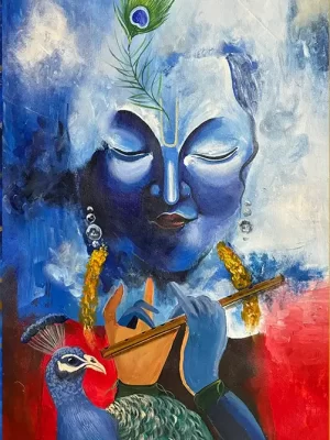 Lord Krishna with Flute & Peacock Wall Painting