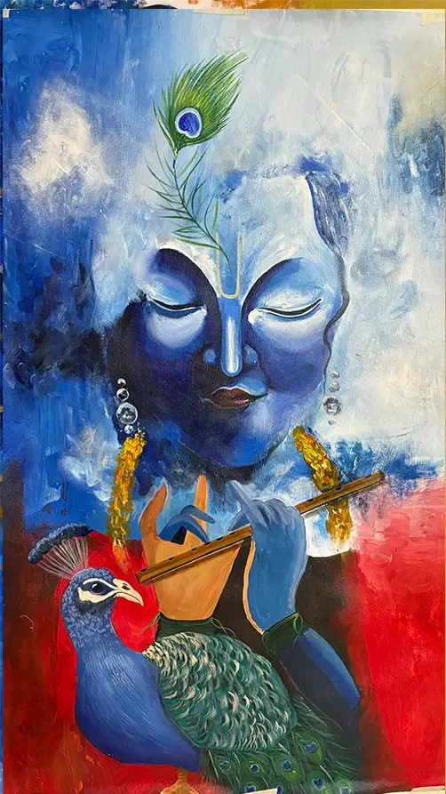 Lord Krishna with Flute & Peacock Wall Painting