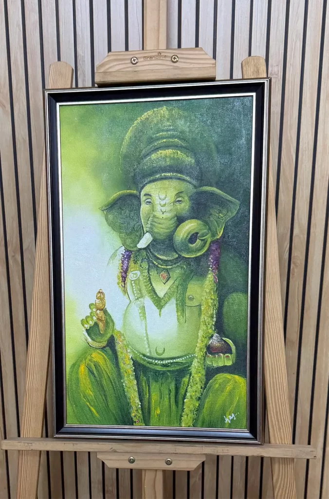 Green Themed Handmade Lord Ganesha Painting