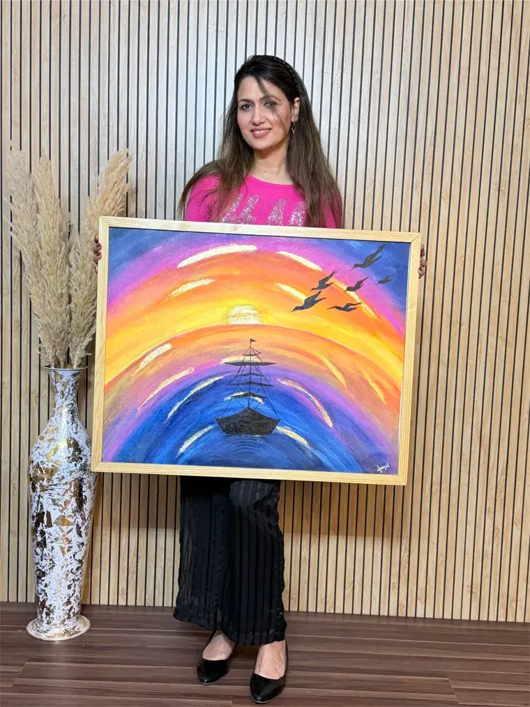Colorful Sunset Ship Seascape Painting