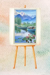 Serene Mountain Lake Boat Scene Painting
