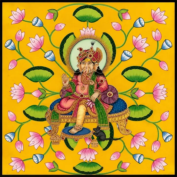 Handmade Ganesha Pichwai Painting with Lotus Design