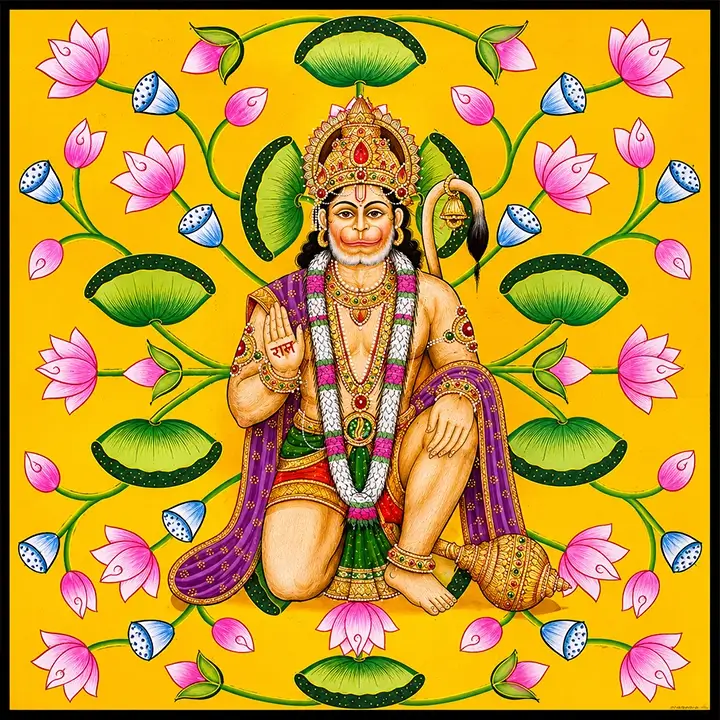 Handmade Hanuman Pichwai Painting with Lotus Design